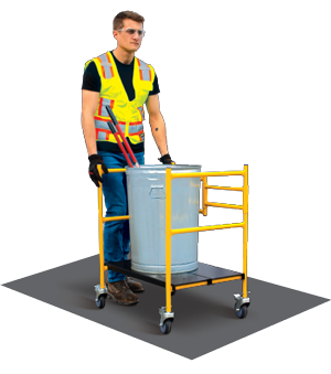 A user using the utility scaffold as a cart with its platform at the lowest setting.