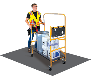 A user using the utility scaffold as a cart with its platform at the lowest setting.