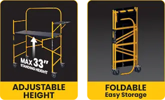Images showing the adjustable platform height and the unit folded.