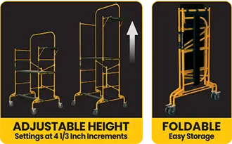 Images showing the adjustable handrail height and the unit folded.